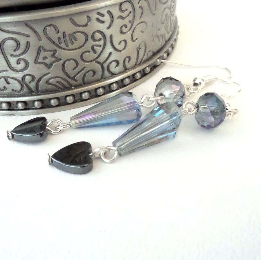 SALE: Handmade dangly crystal earrings with hematite heart
