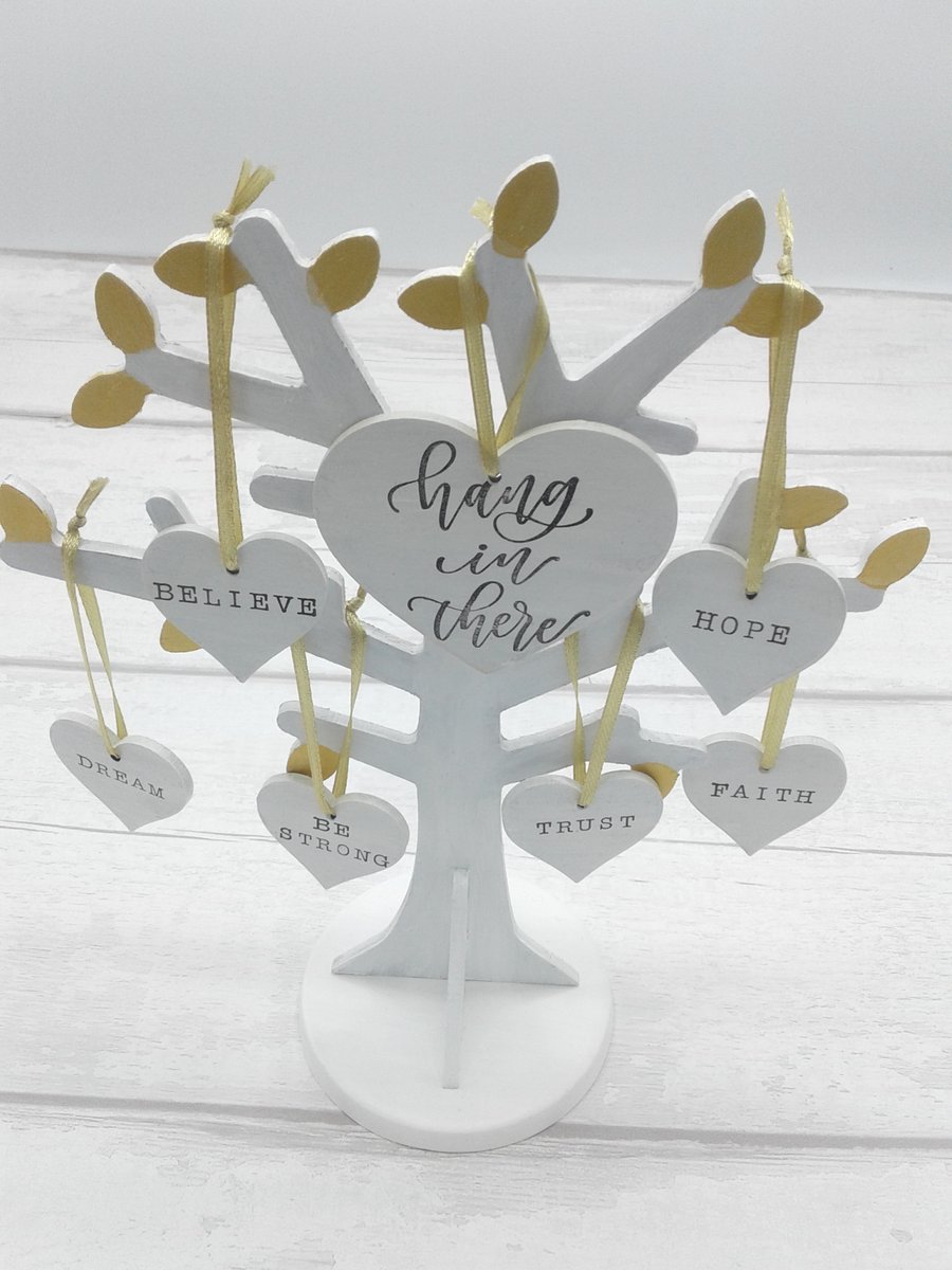 Tree of hope and inspiration. Hang in there. Motivational word tree decoration.