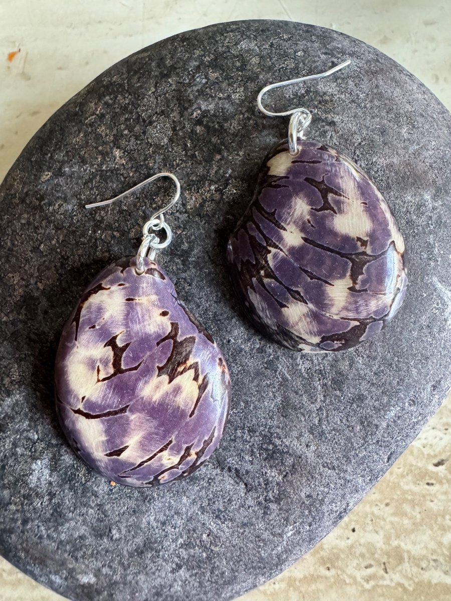 Purple striped Tagua nut large earrings 