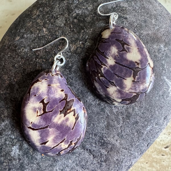 Purple striped Tagua nut large earrings 