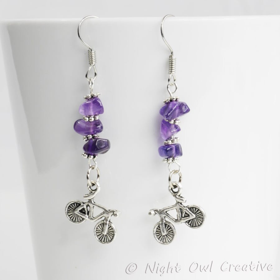 Handmade Bicycle Earrings with Amethyst Gemstone Nuggets