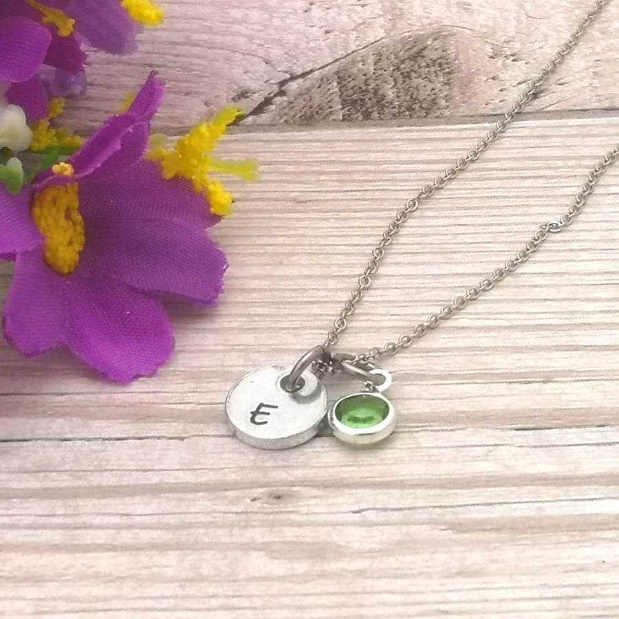 Initial Necklace With Birthstone Crystal - Personalised Tiny Charm Necklace