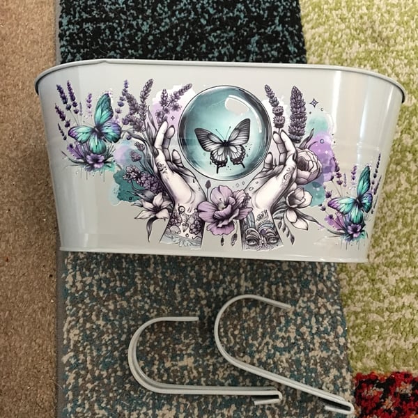 Grey fence planter with hand and crystal ball motif lovely 