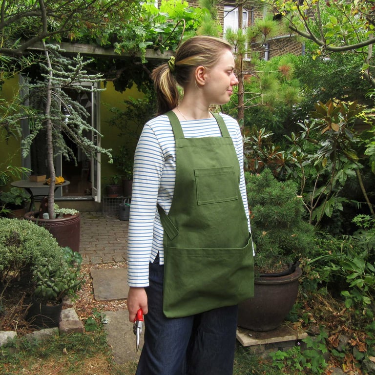Gardening Apron with Harvest Pouch and Cross Back Straps. Green Canvas