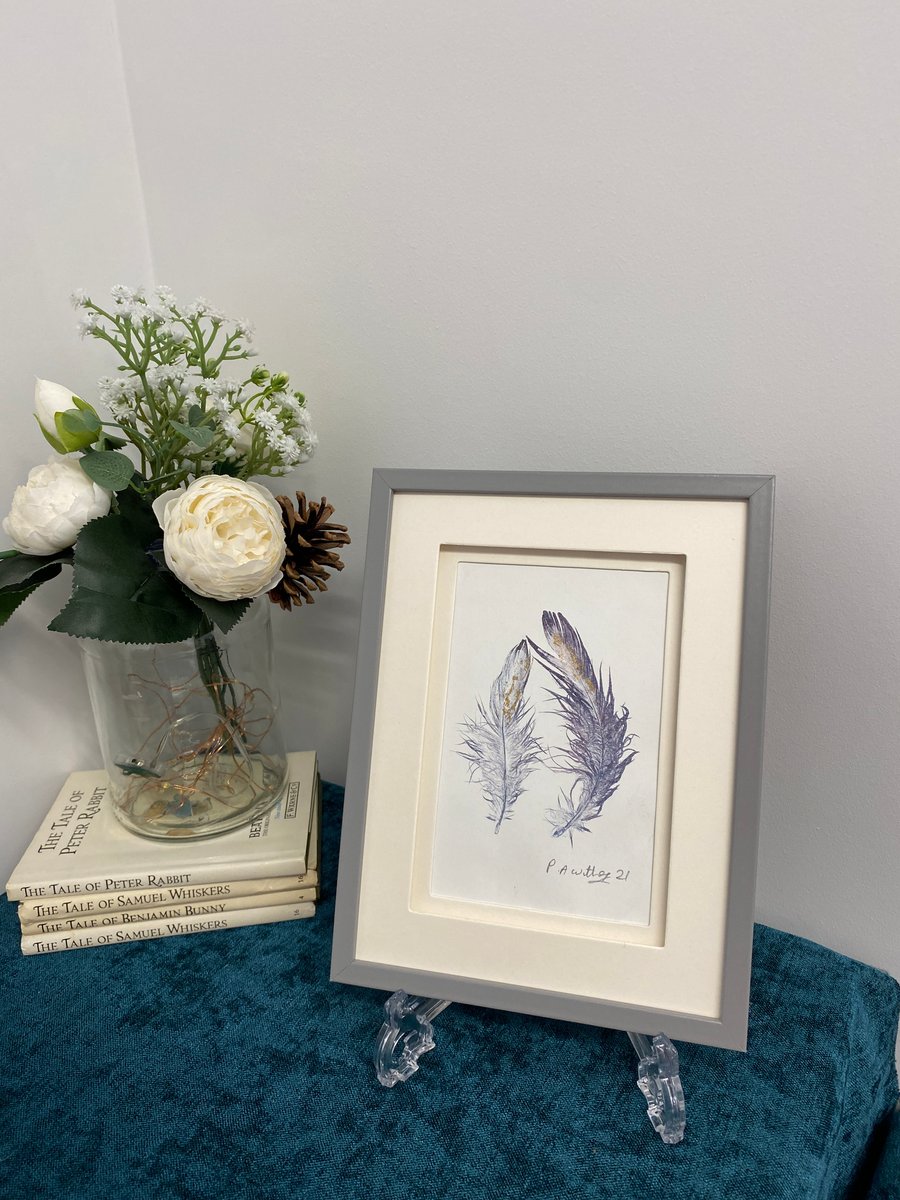 Original art feather Monoprint. birthday gift idea, ready to post