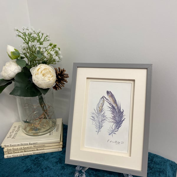 Original art feather Monoprint. birthday gift idea, ready to post