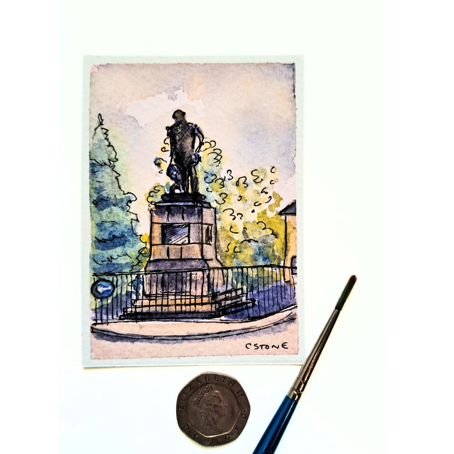 Original ACEO Mini Painting Tavistock Devon Drake Statue Watercolour and Ink
