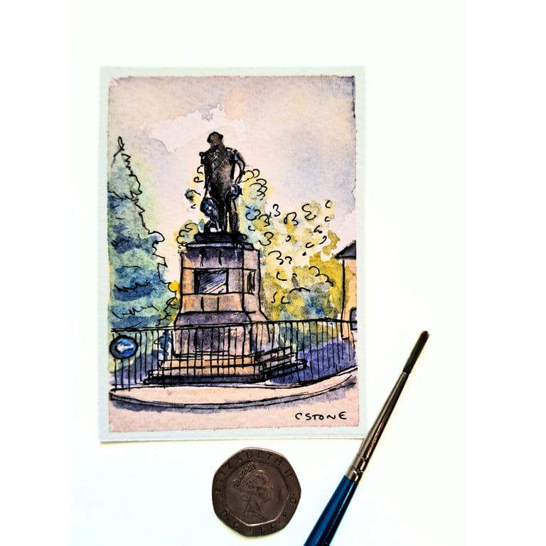 Original ACEO Mini Painting Tavistock Devon Drake Statue Watercolour and Ink