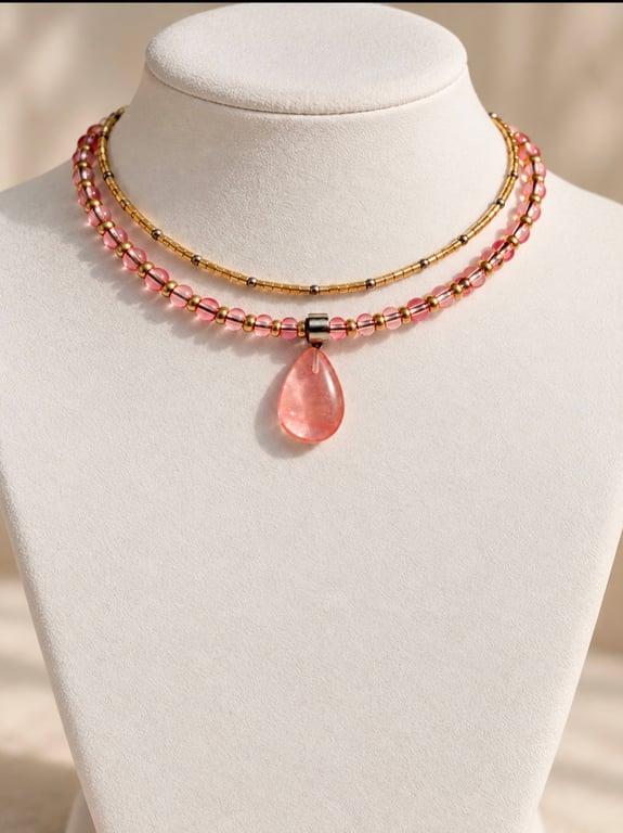 Pink Teardrop Pendant Necklace – Handmade Double Layer Pink and Gold Necklace