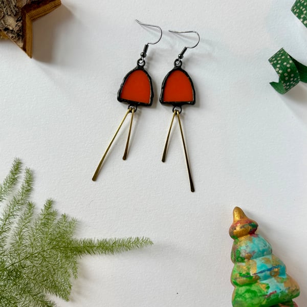 Statement Jewellery - persimmon orange stained glass dangles with hammered brass