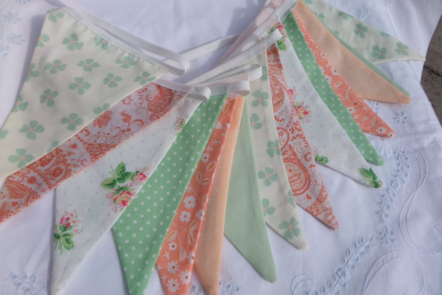 Bunting - 14 flags 2.5m of flags, in dreamy cream, peach, green