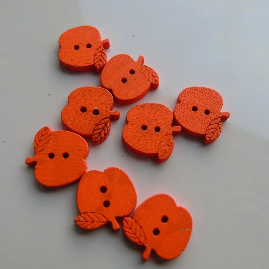 8 orange wooden apple buttons - 1.5 cms across - 2 holes
