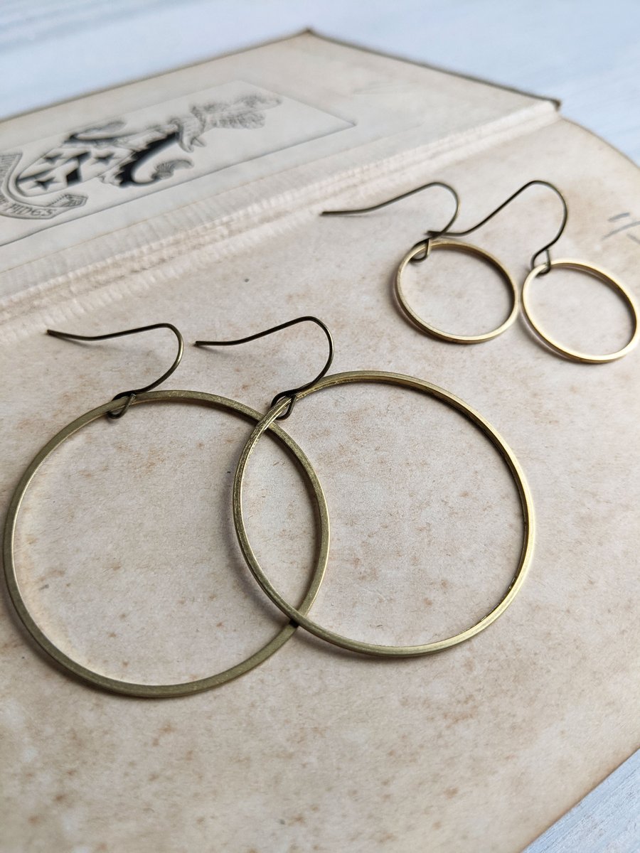 Large Gold Hoops in raw brass - simple circles - 1" 1.2 40mm - nickel free