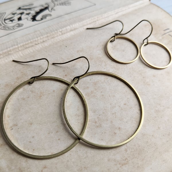 Large Gold Hoops in raw brass - simple circles - 1" 1.2 40mm - nickel free