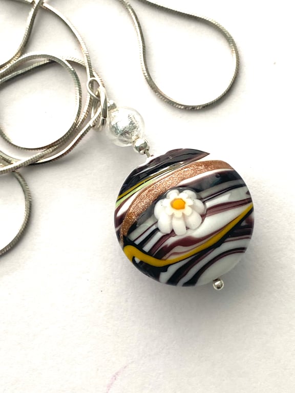 Murano glass black and white large lentil pendant with sterling silver.