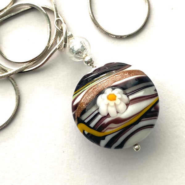 Murano glass black and white large lentil pendant with sterling silver.