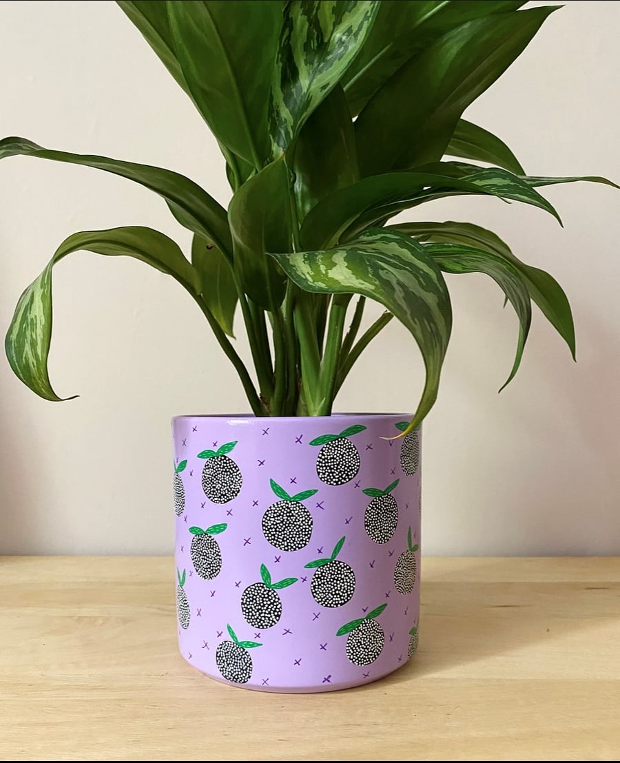 Lavender Abstract Fruit Design Hand Painted Indoor Plant Pot