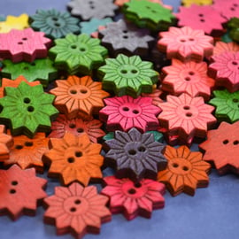 Colourful Wooden Star Flower Buttons Floral Mixed 10pk Flowers 20x20mm (STF1)