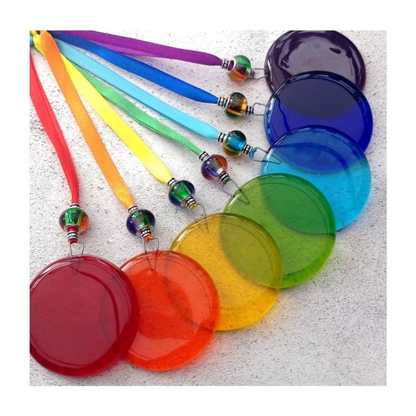 Handmade Fused Glass Round Hanging Tree Decoration - Rainbow Suncatcher