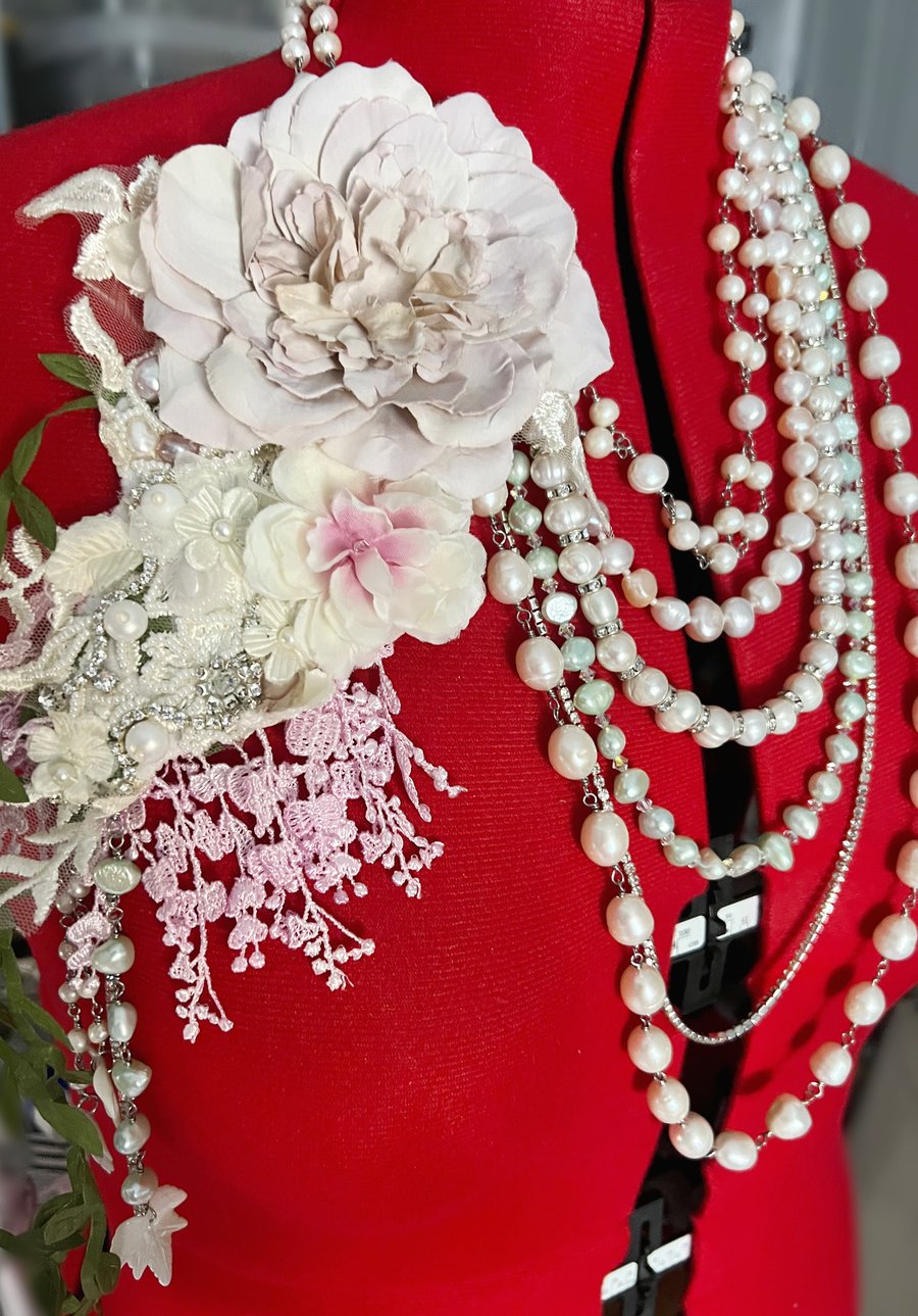 Bridal Statement 6 Row Pearl Necklace with Flower Corsage