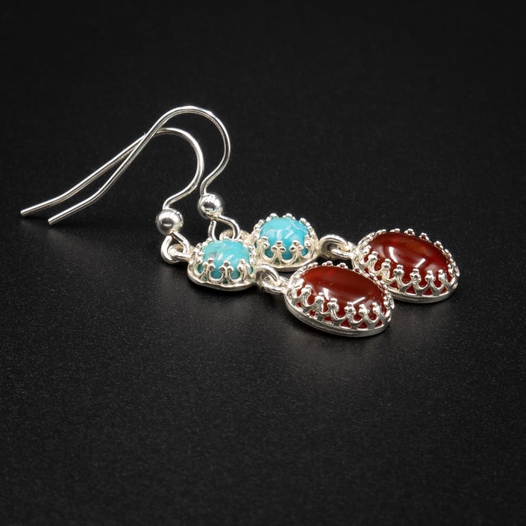 Turquoise Carnelian and sterling silver handmade gemstone earrings