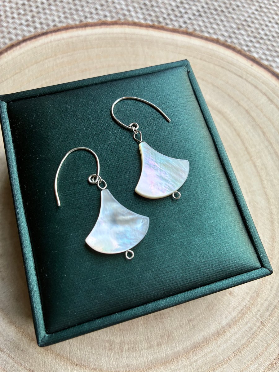 Decorative Fan-Shaped Mother of Pearl and Sterling Silver Earrings