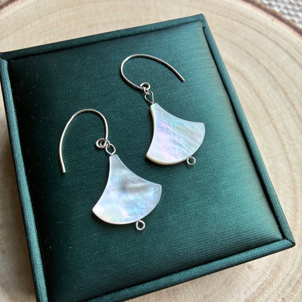 Decorative Fan-Shaped Mother of Pearl and Sterling Silver Earrings