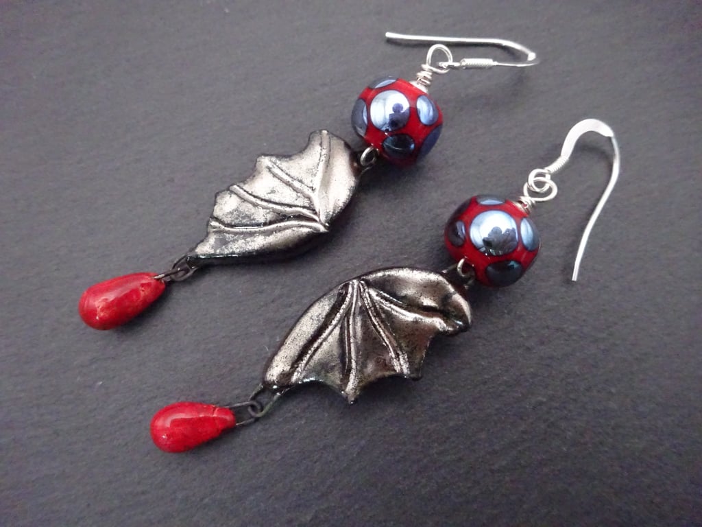 lampwork glass, ceramic vampire bat earrings