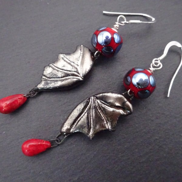 lampwork glass, ceramic vampire bat earrings