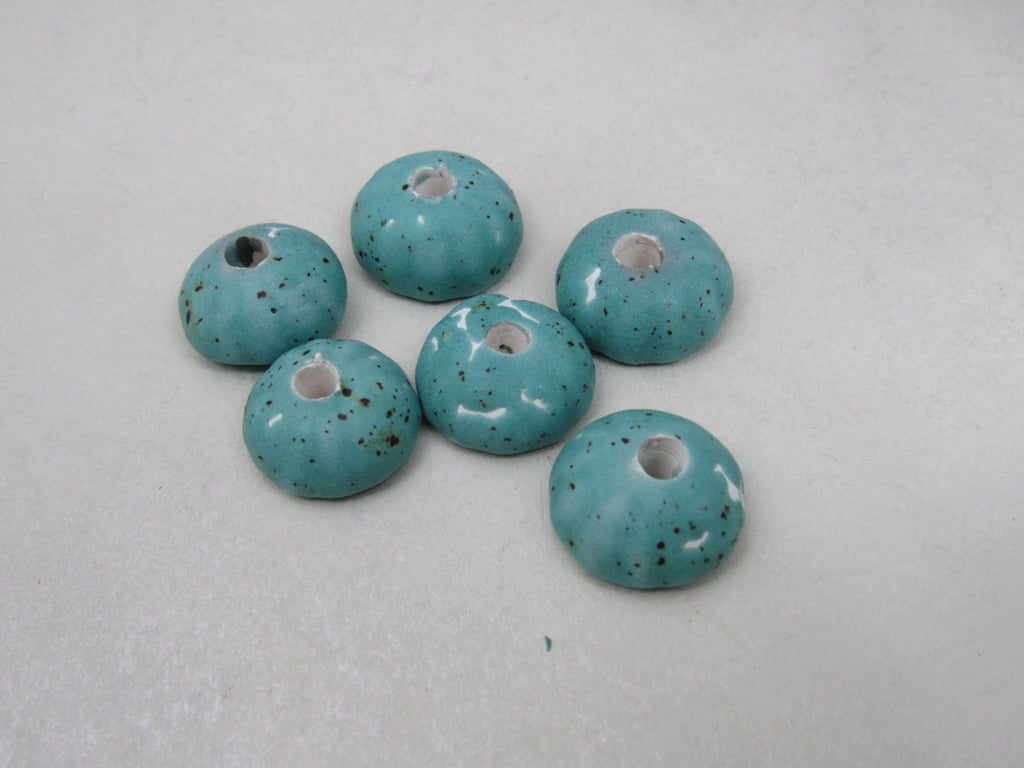 6 Small Eggshell Blue Half-round Ceramic Flower Beads
