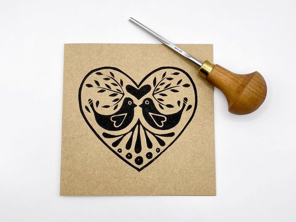Love Birds Lino Print Card - Kraft