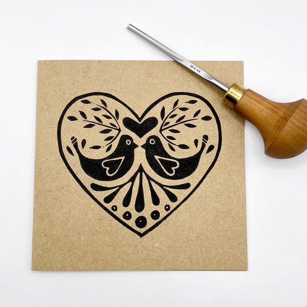 Love Birds Lino Print Card - Kraft