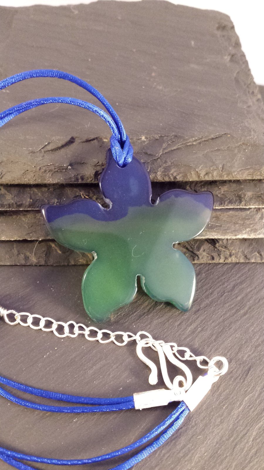 Blue and Green Flower on Satin Cord Necklace