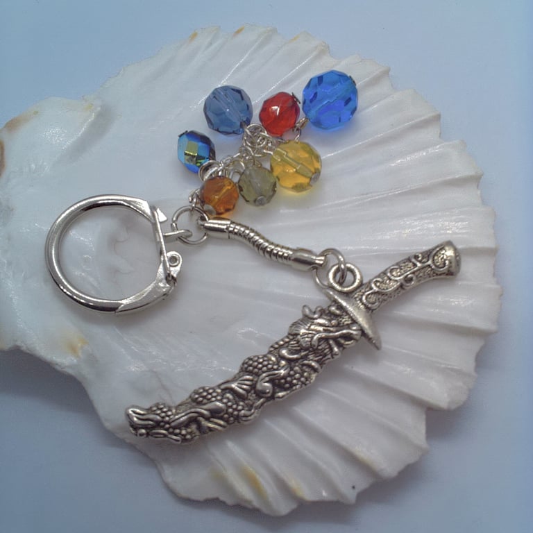 Silver Dagger Charm and Multi Coloured Crystal Bead Key Ring, End of Term Gift