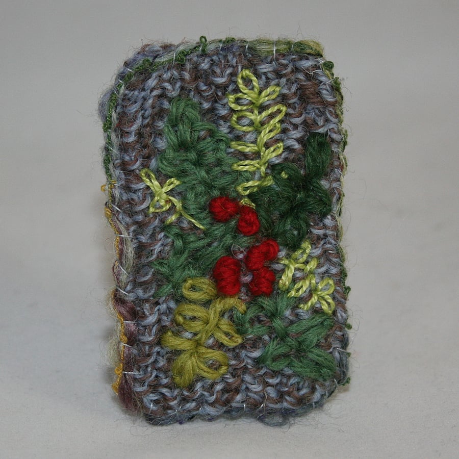 Embroidered Brooch - Holly and Berries, Grey Tweed Background
