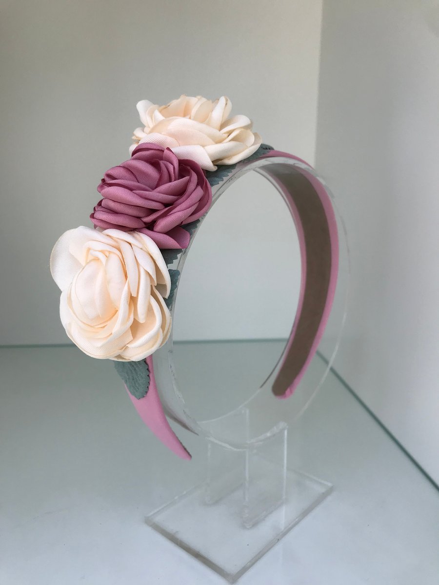 Headband with pink and cream satin flowers