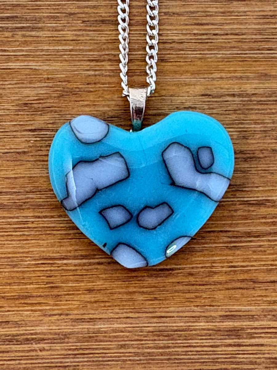 Fused Glass Heart Blue & Vanilla Pendant