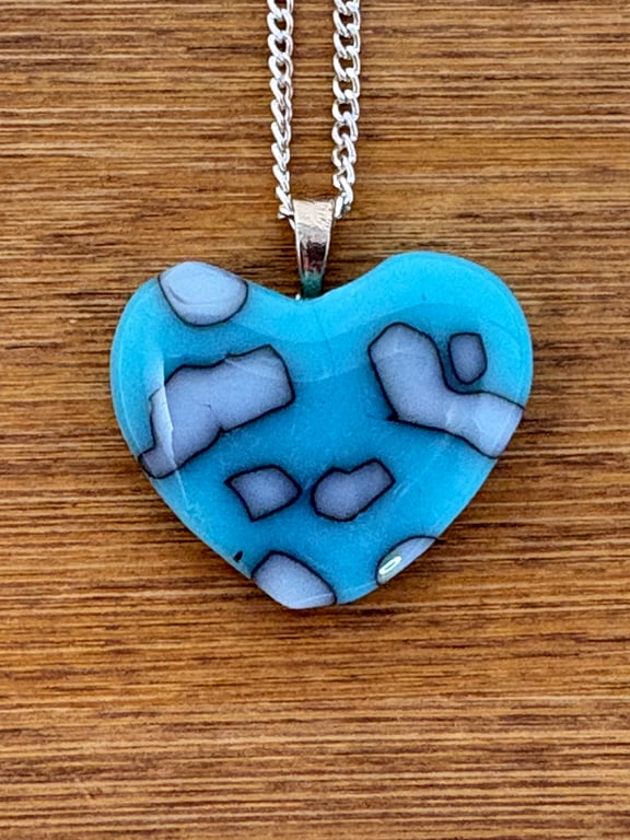 Fused Glass Heart Blue & Vanilla Pendant