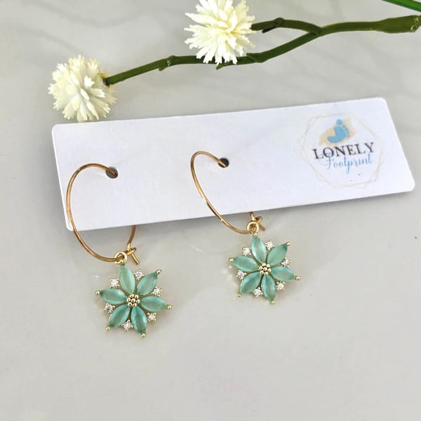 Green Crystal Flower Hoop Earrings, Charm Earrings, Handmade Jewellery 
