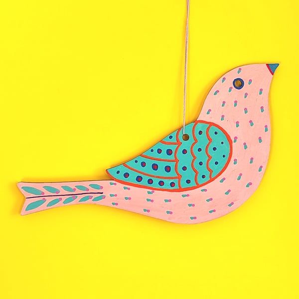 Hand painted wooden bird hanging, pink bird wall art, hanging decoration