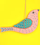 Hand painted wooden bird hanging, pink bird wall art, hanging decoration