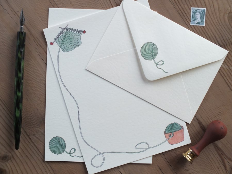 Illustrated letter paper and envelopes with original knitting design