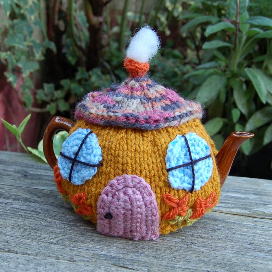  Country cottage tea cosy - hand embroidered - for one or two cup teapot