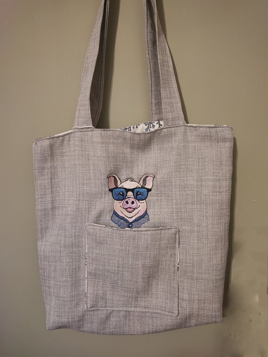 Tote Bag, Grey colour with Pig embroidery