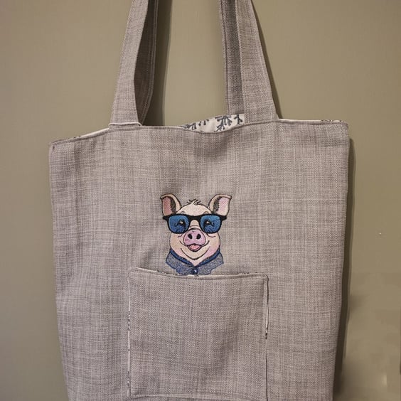 Tote Bag, Grey colour with Pig embroidery