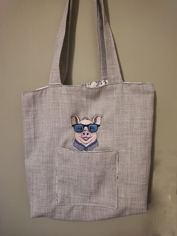 Tote Bag, Grey colour with Pig embroidery