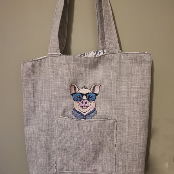 Tote Bag, Grey colour with Pig embroidery