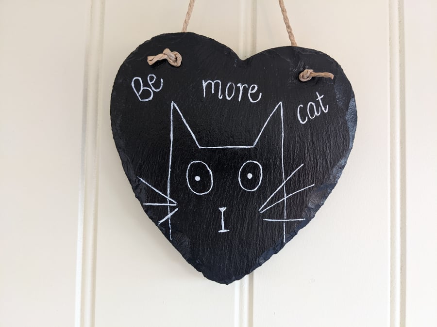 Black cat, handpainted slate, monochrome, cat lovers gift, be more cat