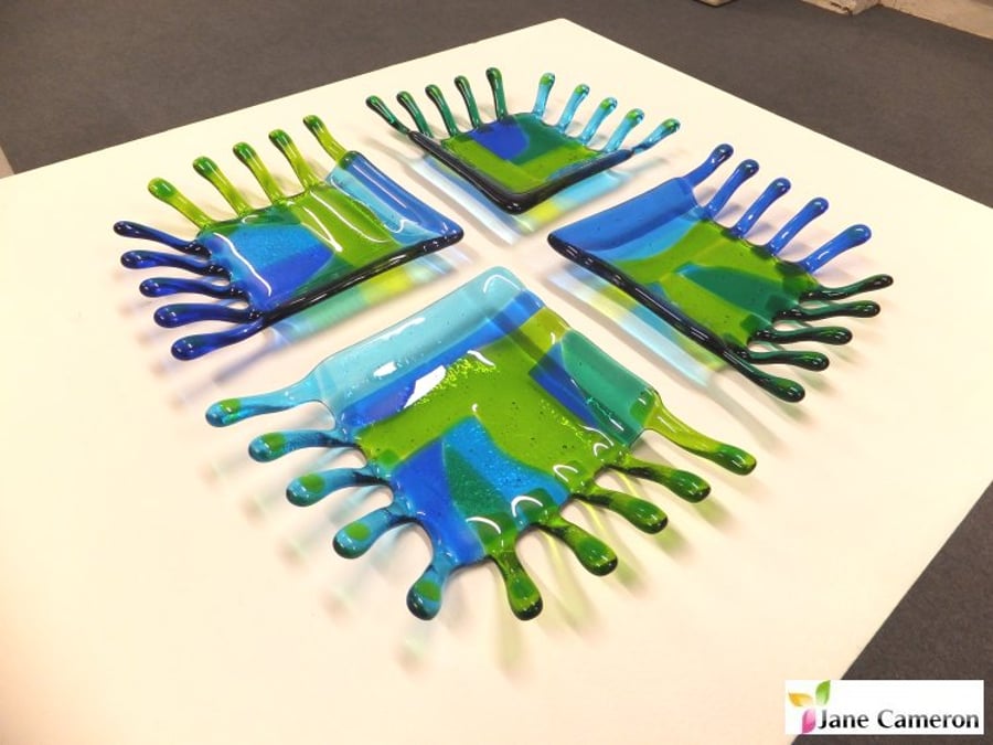 Fring - Spring - 4 Fused glass decorative dishes inspired by music - green blue