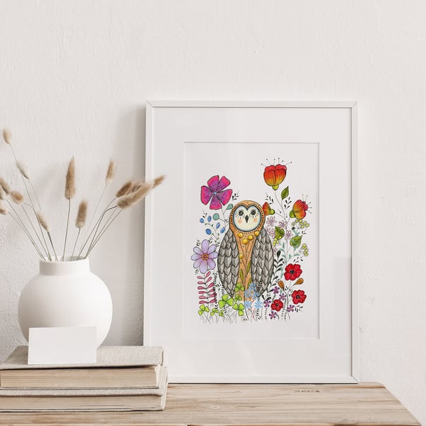 Owl wall art, Owl Illustration, Woodland animal print,A4 Art Print, Home Decor